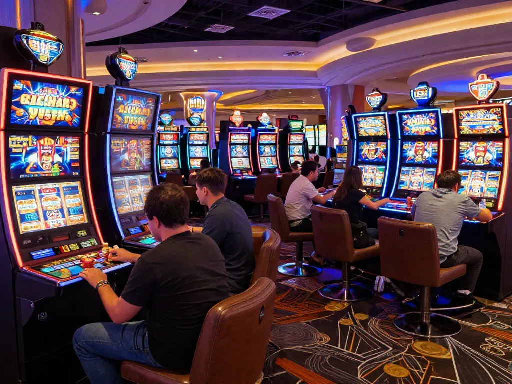 Lucky777 gaming scene with players at colorful slot machines in a vibrant casino atmosphere.