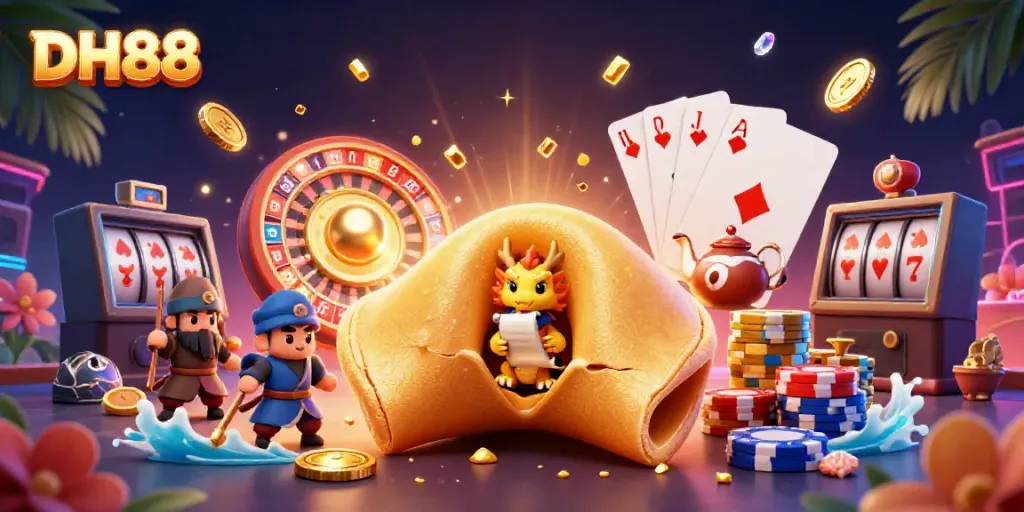 Join the excitement of DH88 with a vibrant scene filled with golden gaming elements and characters.