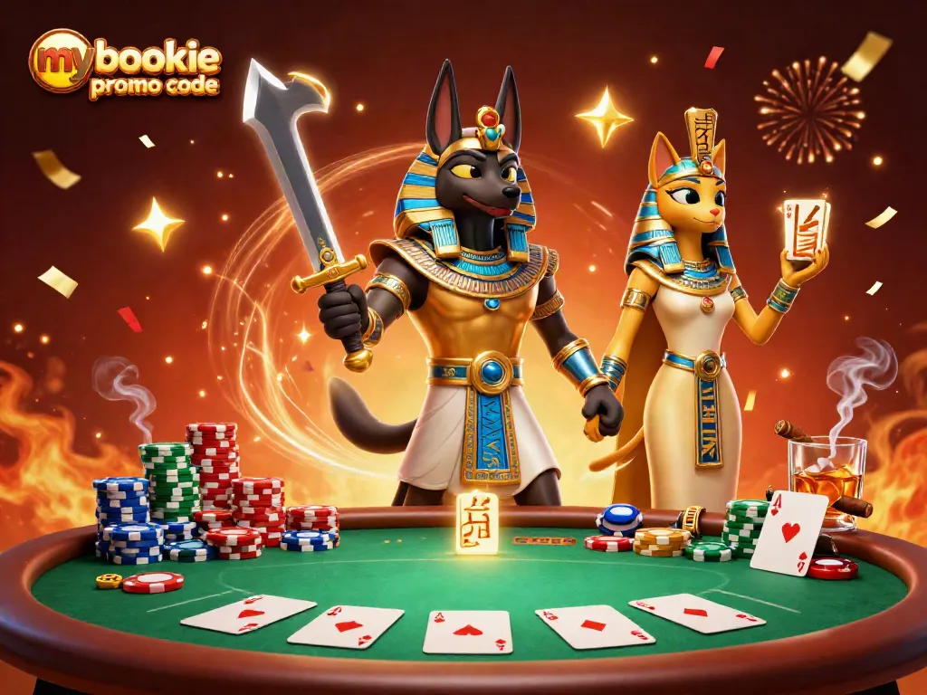 Experience the excitement of the mybookie promo code with Anubis and Bastet at a dynamic poker scene.