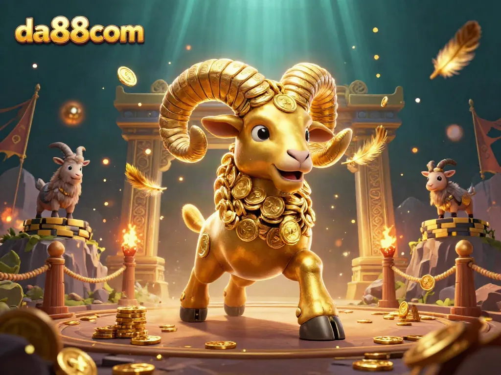 Experience thrilling gameplay at da88com with our vibrant 3D casino illustration, showcasing a golden ram amidst swirling gold coins.