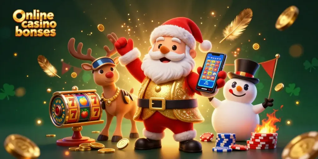 Join Santa in a dynamic scene surrounded by captivating online casino bonuses and festive gaming elements.