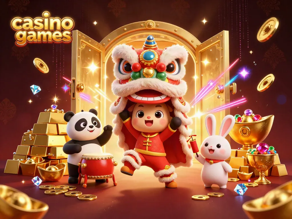 Experience the thrill of casino games with vibrant characters amid gold and treasure.