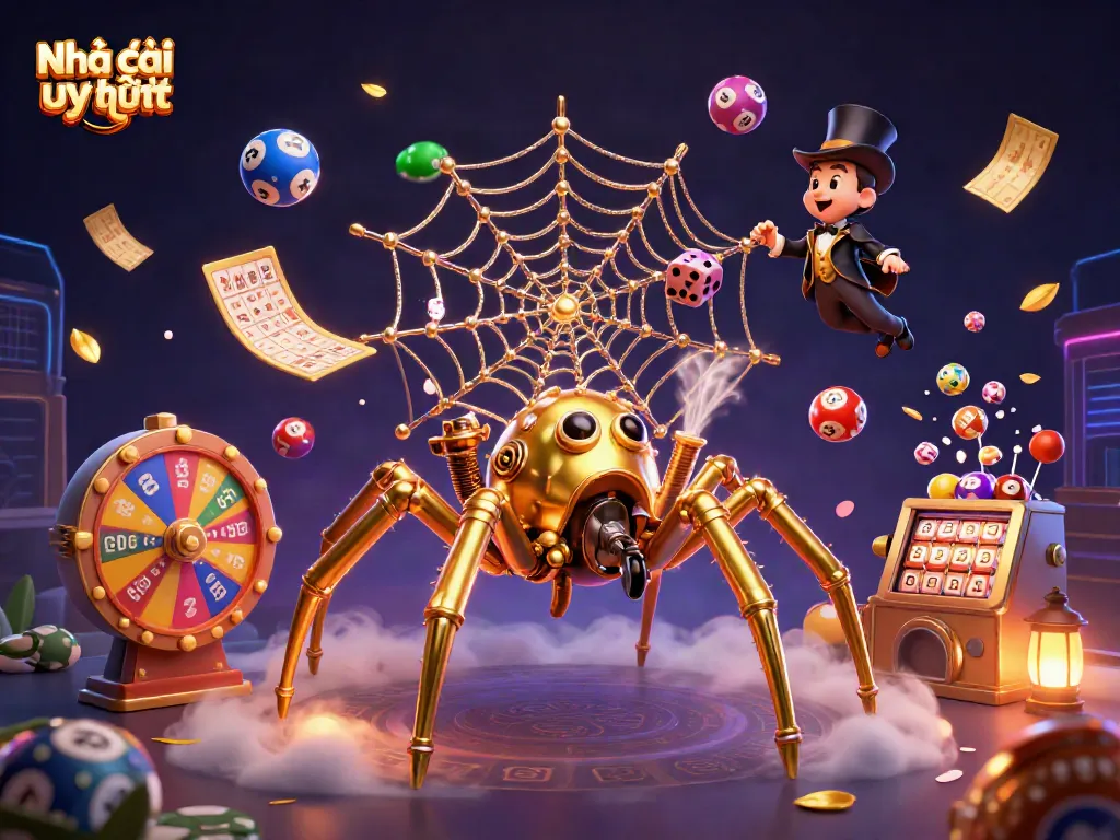 Engaging illustration of Nhà cái uy tín showcasing a steampunk spider, lottery elements, and a Victorian fly character.