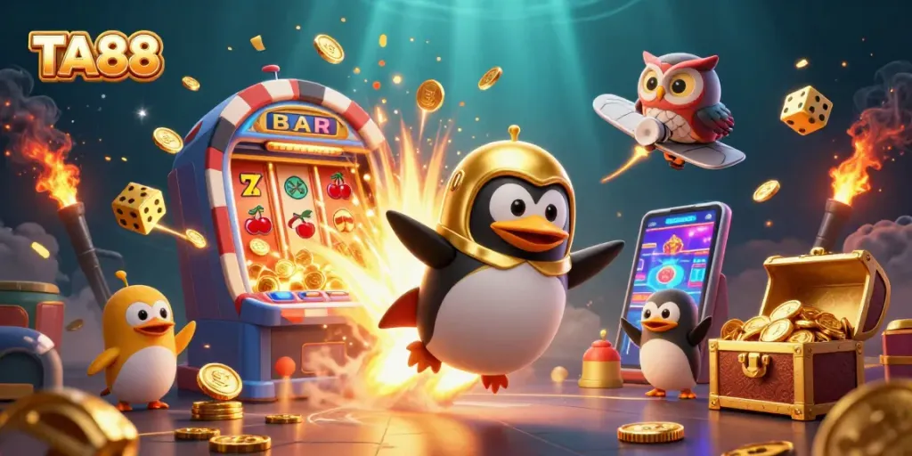 Experience the thrill of TA88 with a 3D rocket-powered penguin and vibrant casino elements!