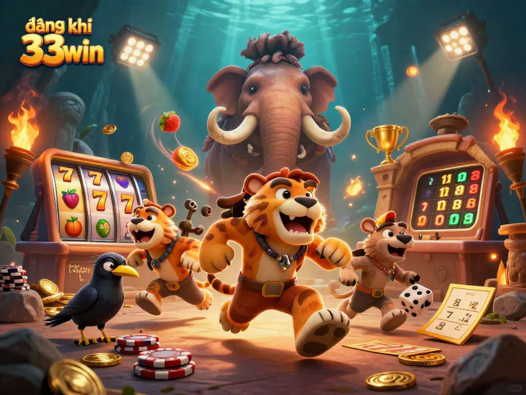 Exciting illustration of đăng ký 33win featuring a charming caveman duo and a clever crow in a vibrant casino setting.