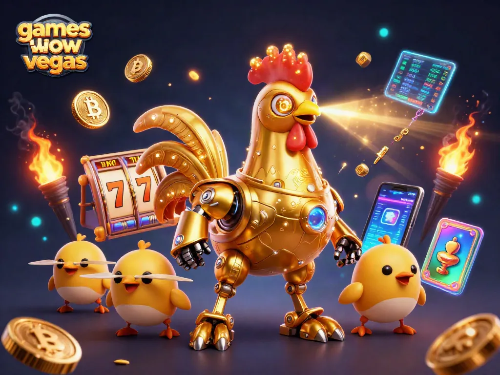 Play exciting games like wow vegas with a golden rooster robot and baby chick drones amidst vibrant slots.