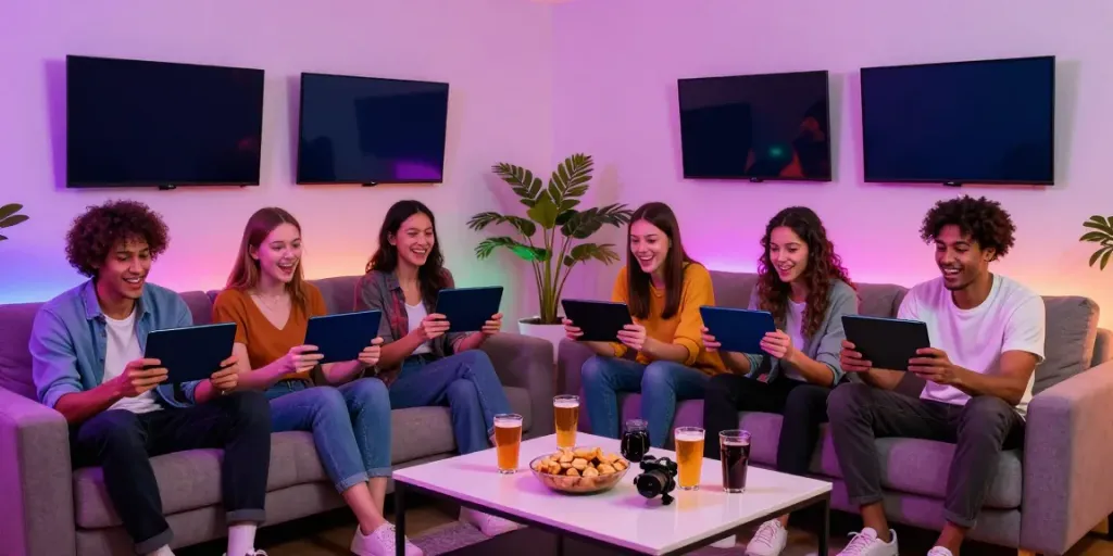 Exciting group of friends playing yono games in a cozy living room.