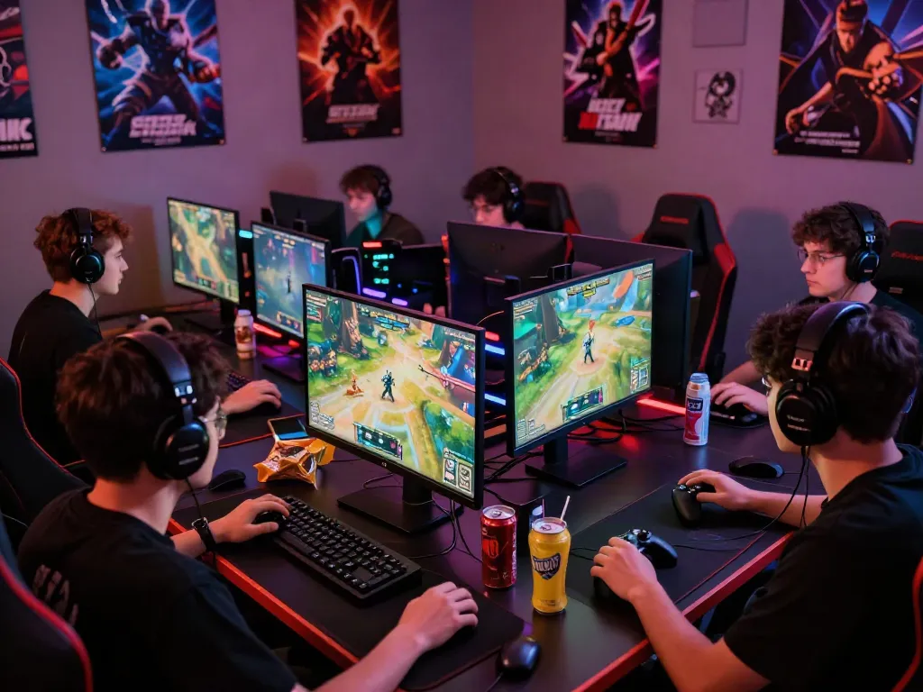 Pengalaman bermain banteng88 dengan pemain berfokus pada monitor besar, peralatan gaming, dan suasana kompetitif.
