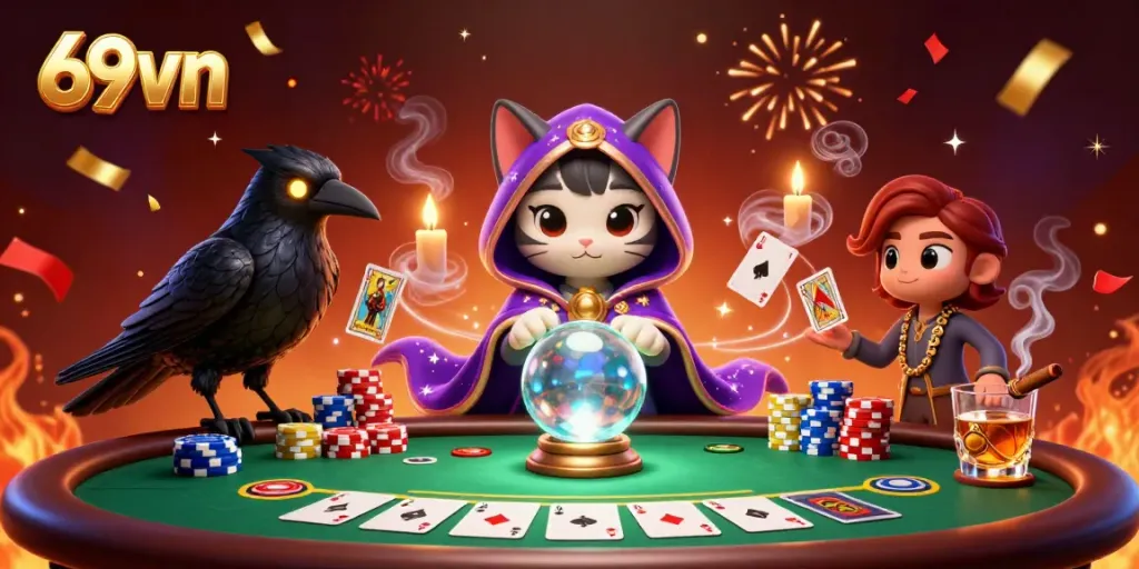 Unlock jackpot thrills with 69vn's vibrant gambling scene featuring a mystic cat and poker elements.