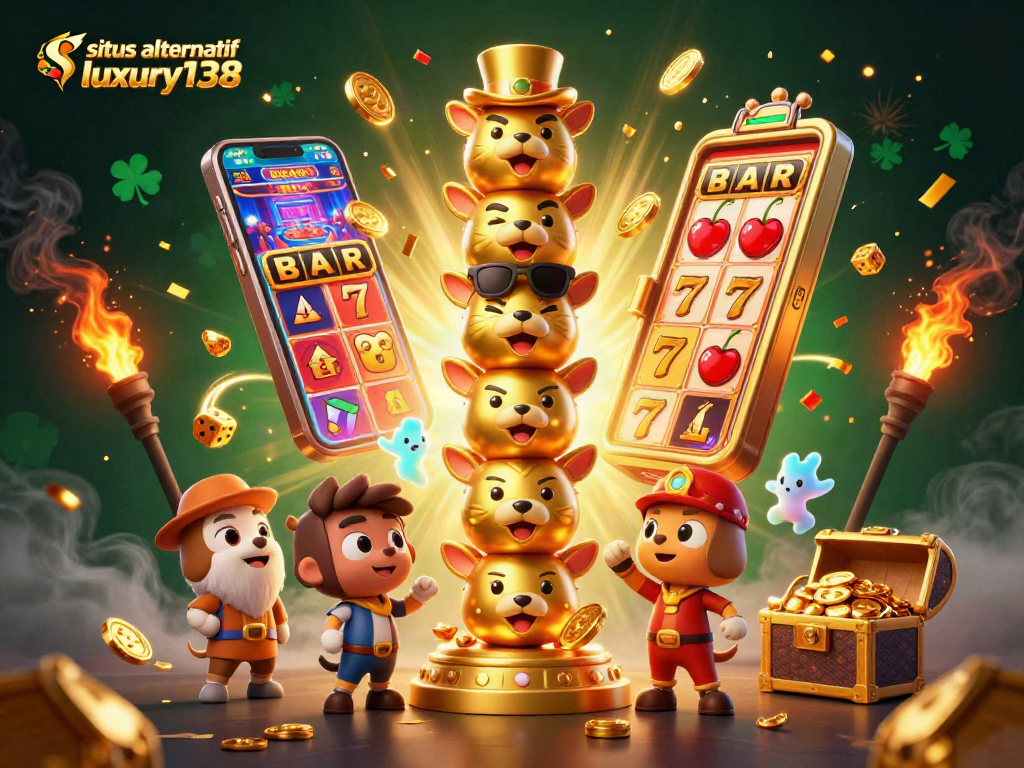 Situs alternatif luxury138 menampilkan ilustrasi kasino dengan totem emas dan mesin slot meledak.