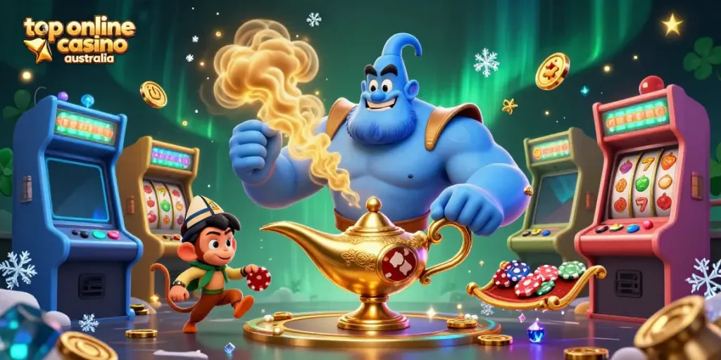Explore top online casino Australia with an engaging 3D scene featuring a genie and magical elements.