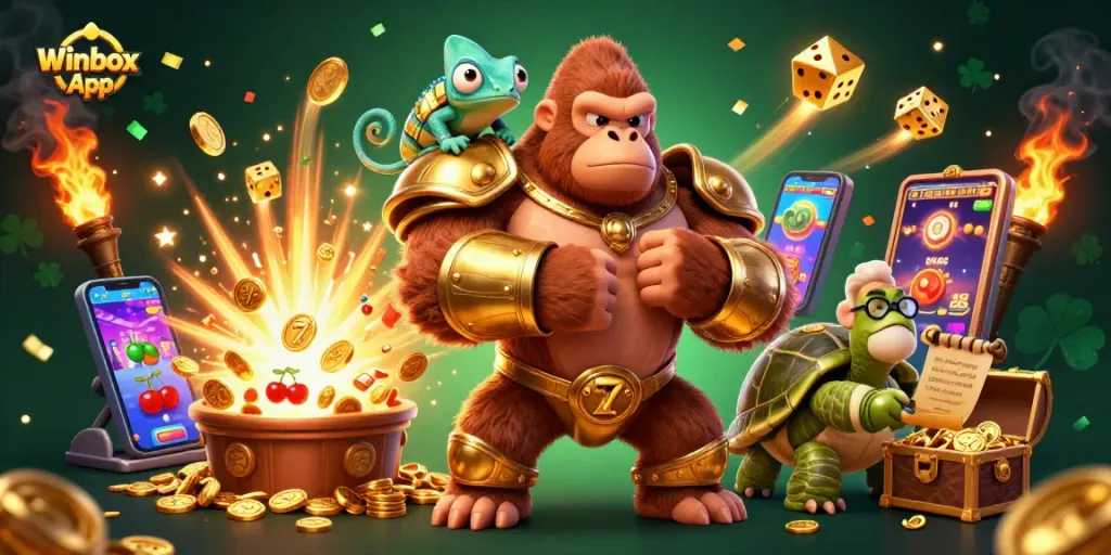 Experience the excitement of the Winbox App with a vibrant 3D casino scene filled with jackpot symbols and animated characters.