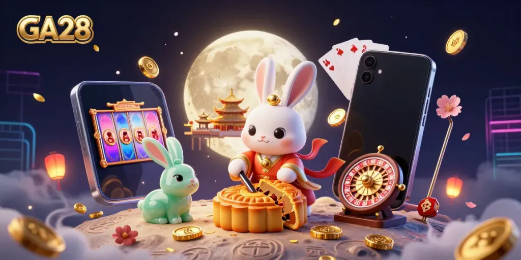 Experience GA28 with the cartoon moon rabbit cracking open mooncakes to reveal poker chips in a dynamic casino scene.