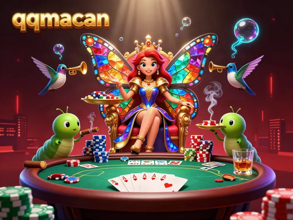 Experience the thrill of qqmacan with our vibrant poker scene featuring a butterfly queen and poker chips.