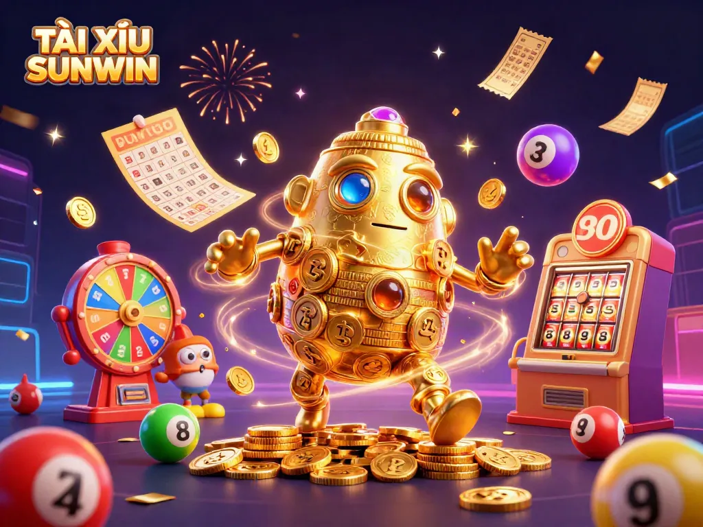 TÀI XỈU SUNWIN showcasing a golden golem and colorful lottery elements in a festive casino scene.