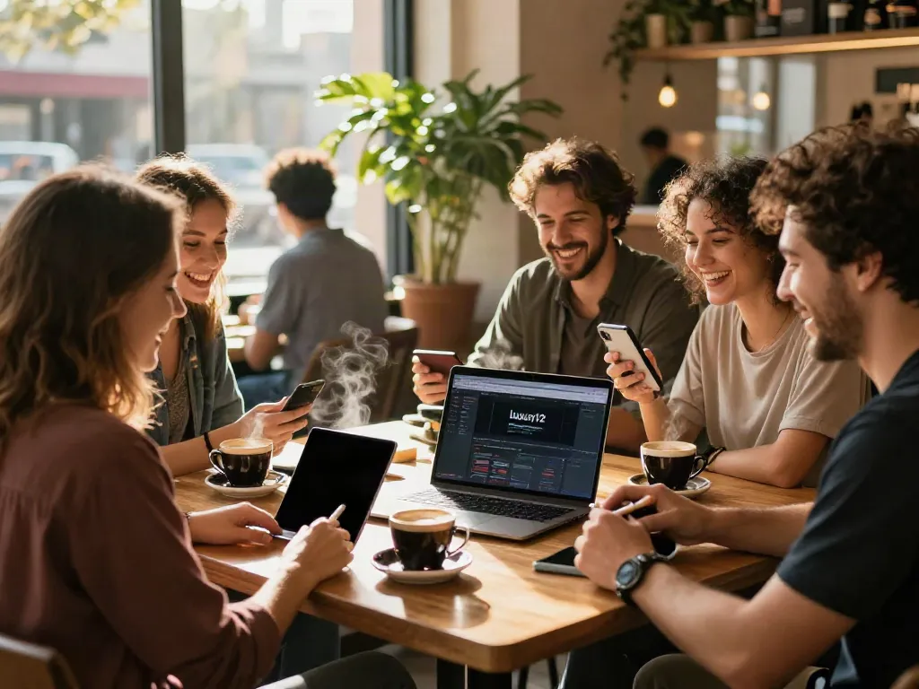Friends enjoying gaming at a café with the luxury12 link displayed on a laptop.