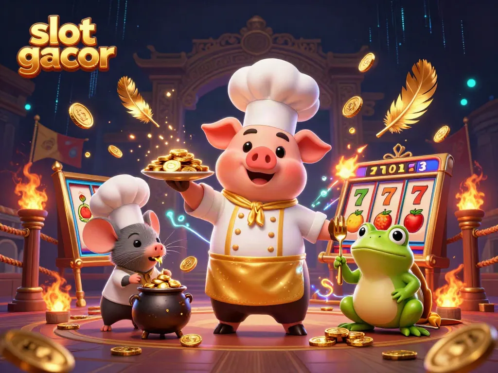 Engaging slot gacor scene with a chef pig, mouse, and frog surrounded by gold coins and slot elements.