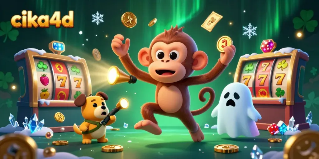 Wager safely using cika4d while encountering a playful ghostly monkey juggling golden casino treasures.