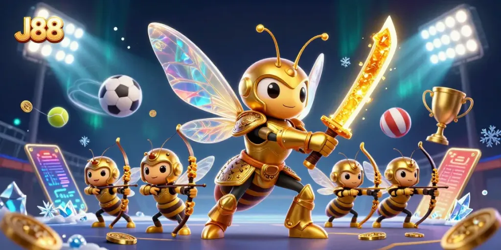 Engage with J88's vibrant online casino scene featuring a dynamic samurai hornet and cheerful bee archers.