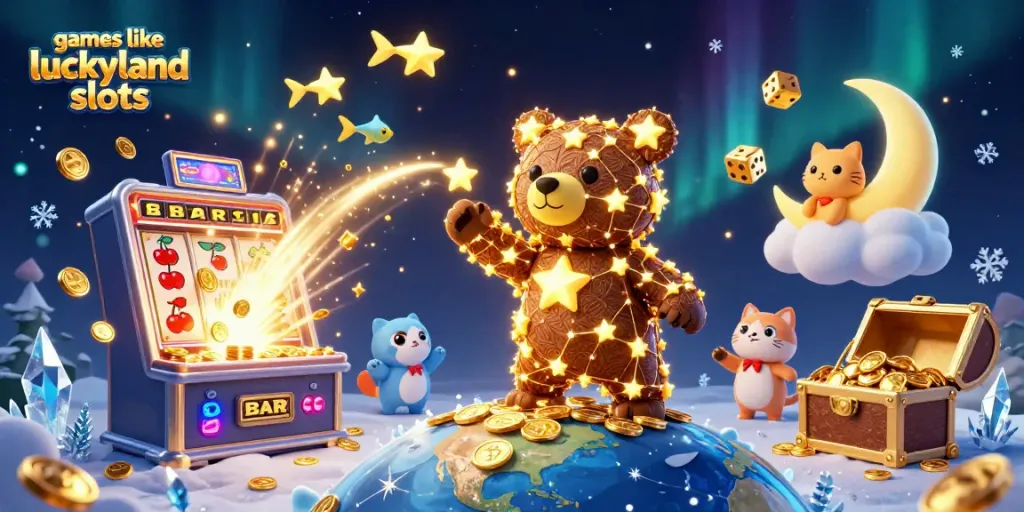 Engage with exciting games like LuckyLand Slots in a vibrant 3D casino adventure scene.