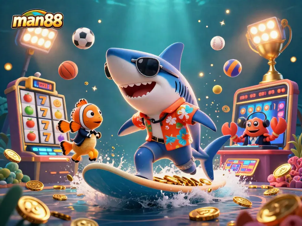 Enjoy thrilling gameplay with man88, featuring a shark, clownfish, and DJ crab in a vibrant casino scene.