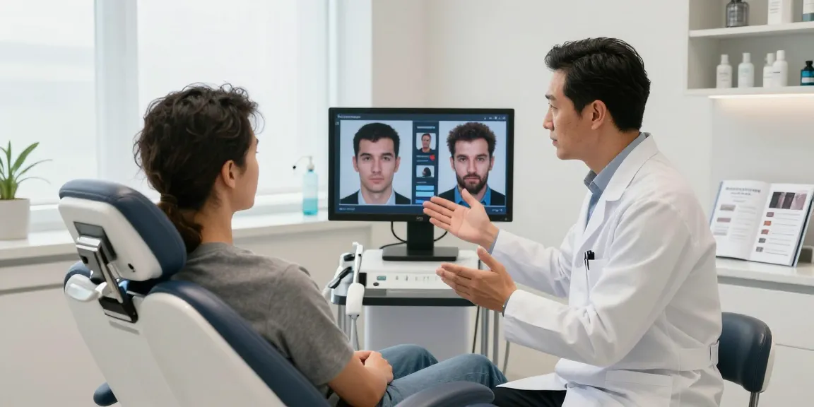 Patient consulting on hair transplant in Turkey with a professional in a modern clinic.