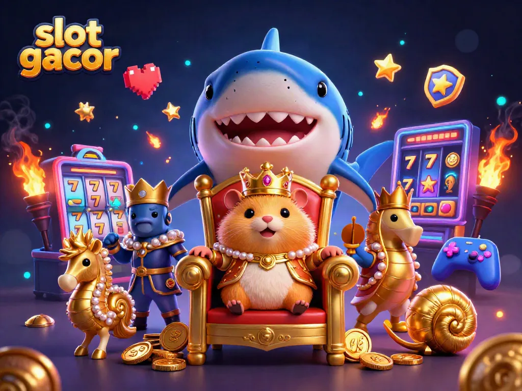 Engage with the vibrant slot gacor scene featuring a hamster king and colorful casino machines.