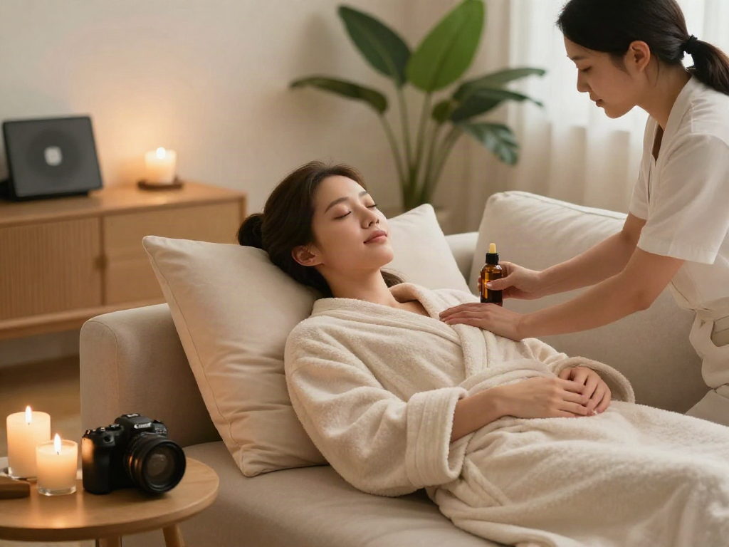 Relaxing 강서구출장마사지 session in a cozy home spa setting with a young woman enjoying therapeutic care.