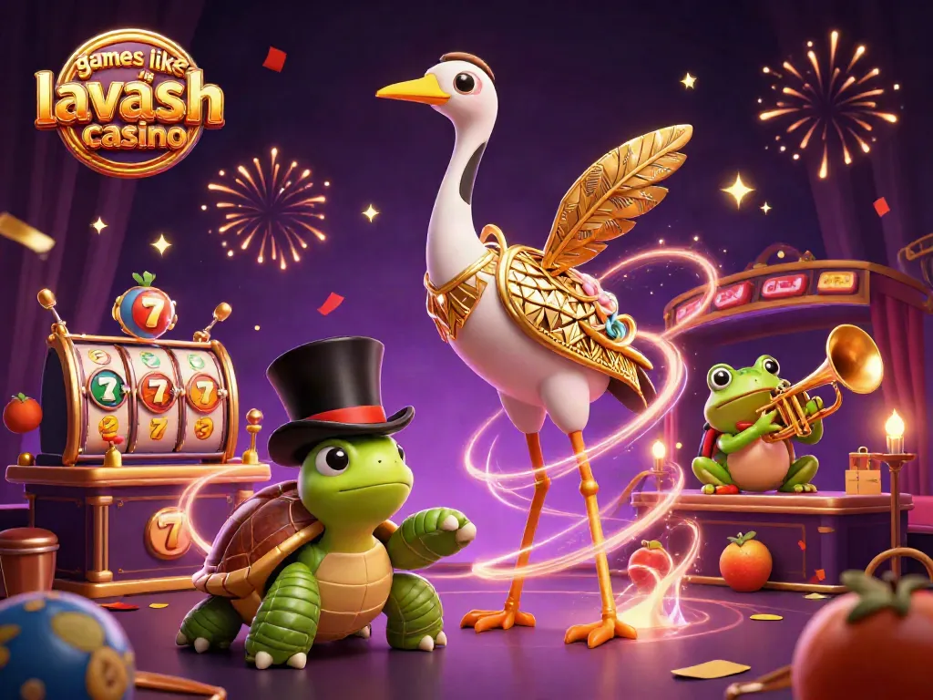 Engage with games like Lavish Luck Casino in this vibrant 3D illustration featuring colorful slot elements and playful characters.