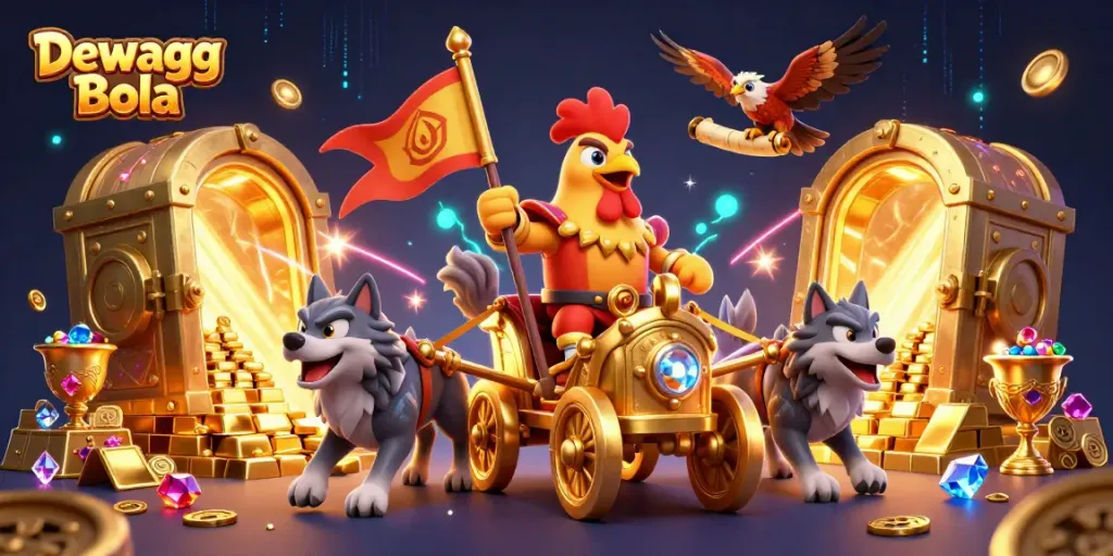 Experience the adventure with Dewagg Bola; a dynamic scene featuring a rooster warlord and treasure.