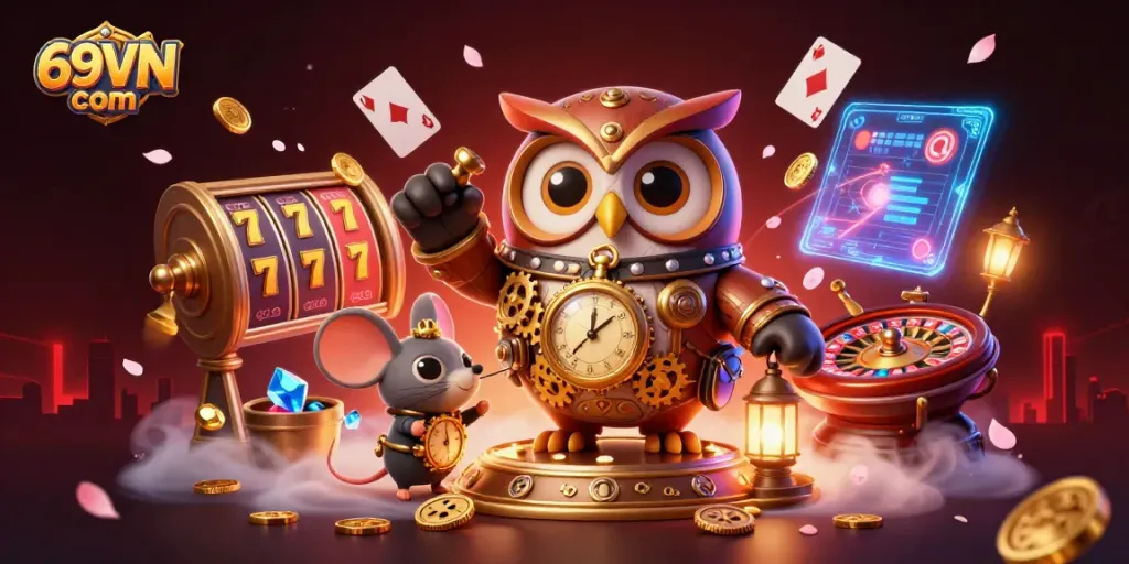 Experience the vibrant excitement of 69VN com with cartoon characters in a lively casino setting, featuring slot elements and dynamic game visuals.