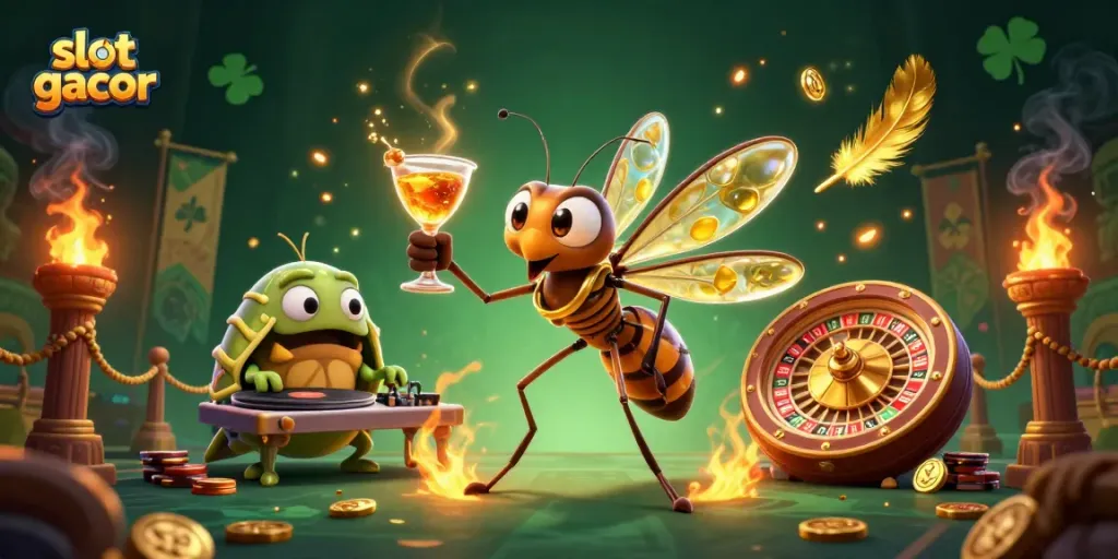 Immerse in slot gacor adventure with lively casino characters and golden elements in dynamic 3D illustration.