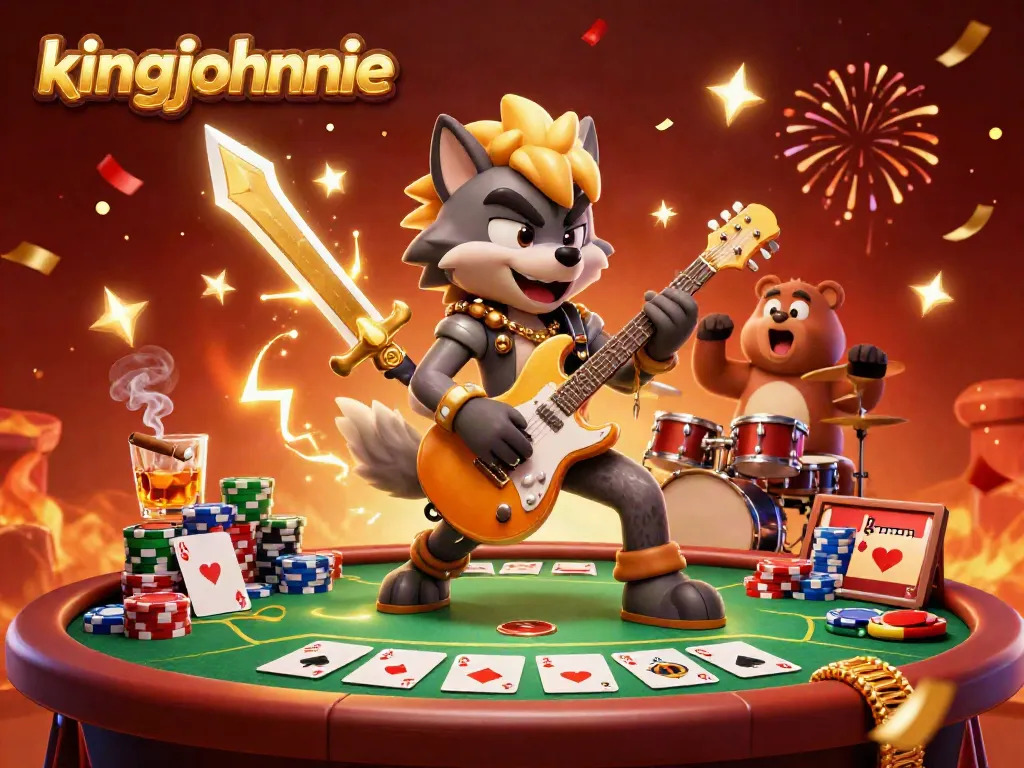 Join the excitement at kingjohnnie casino with a vibrant poker scene featuring a rock star wolf and drummer bear.