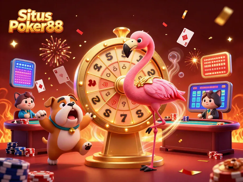 Situs Poker88 showcases excitement with animated characters at poker tables, capturing the thrill of online gambling