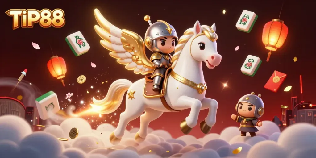 Experience the excitement of TIP88 as a celestial horse and knight navigate a vibrant casino world filled with treasures.