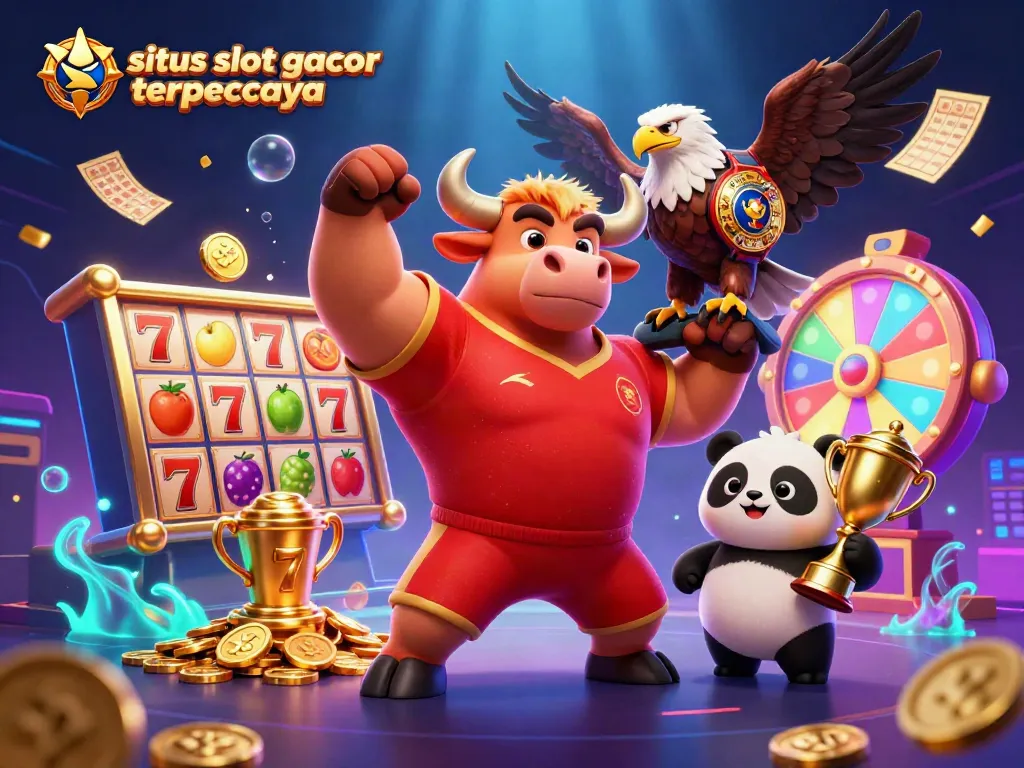 Engage with situs slot gacor terpercaya in this vibrant 3D casino illustration featuring a bull mascot, eagle, and panda.