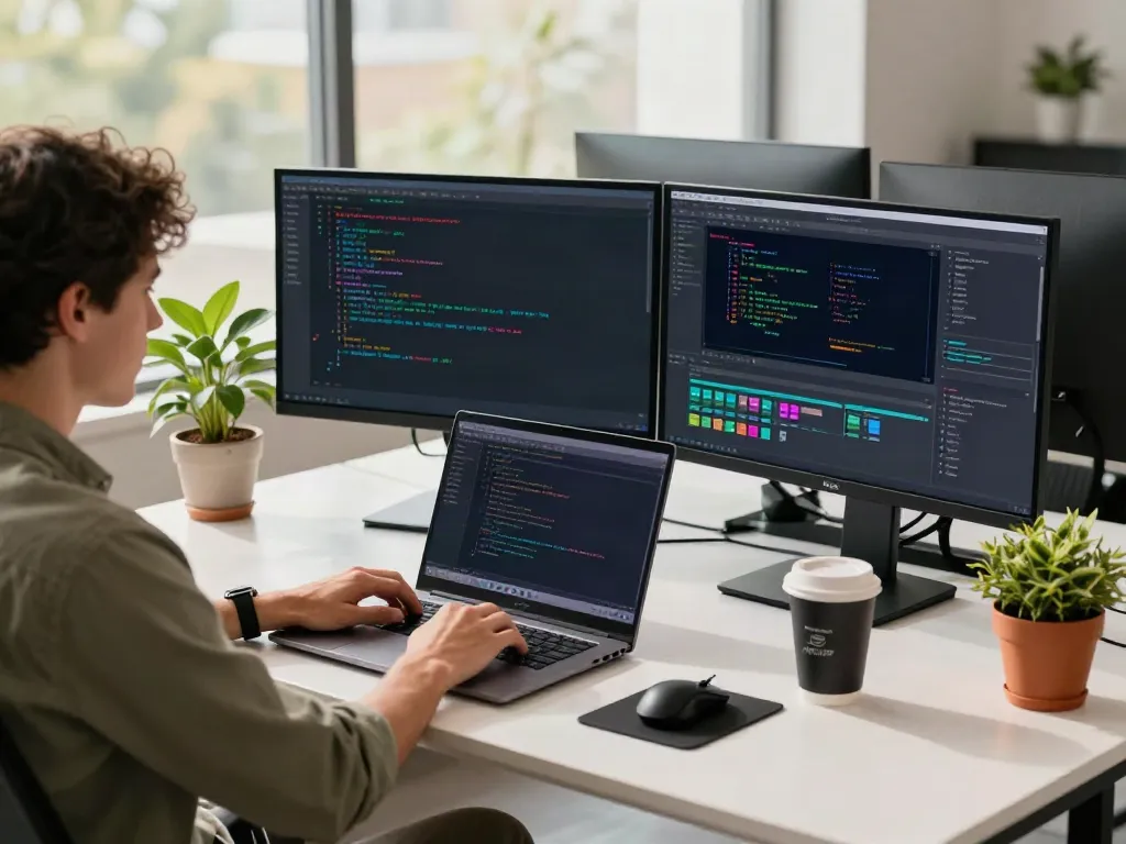 The A80 website tech development scene with a software engineer coding in a vibrant modern office environment.