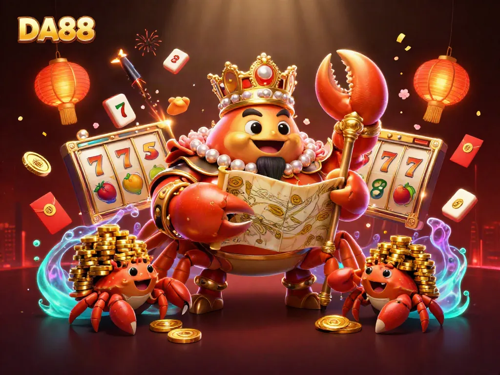 Experience the thrilling DA88 world with a golden crab emperor amid vibrant casino rewards.
