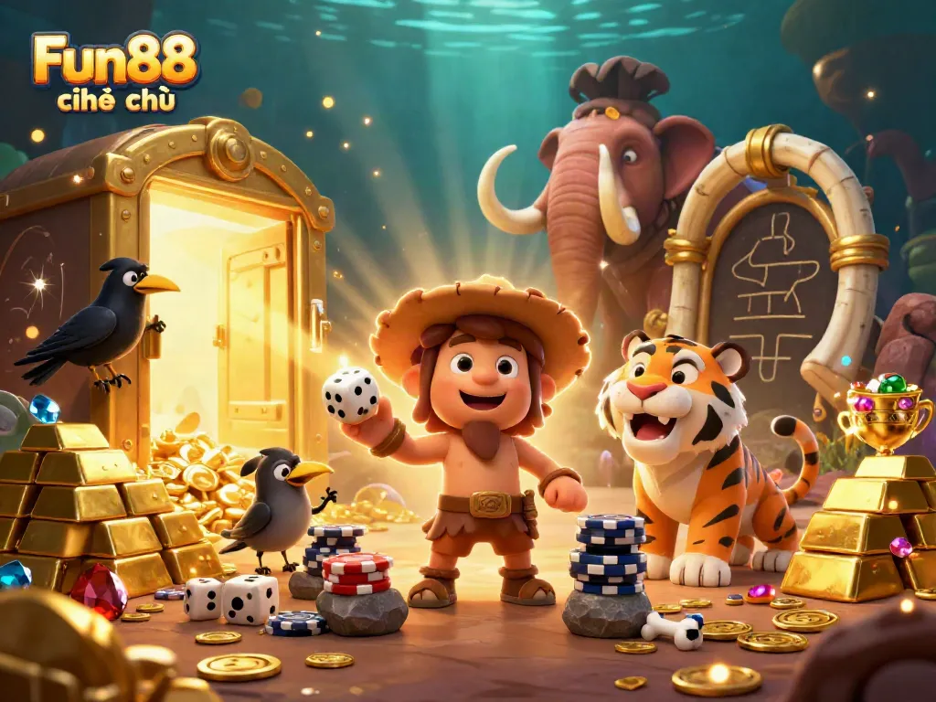 Experience the excitement of Fun88 chính thức with vibrant casino adventures depicted in a dynamic 3D world.