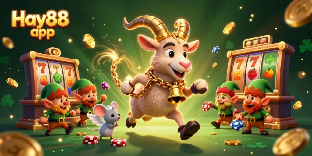 Play exciting slots with the Hay88 app featuring a lively casino scene with playful characters.