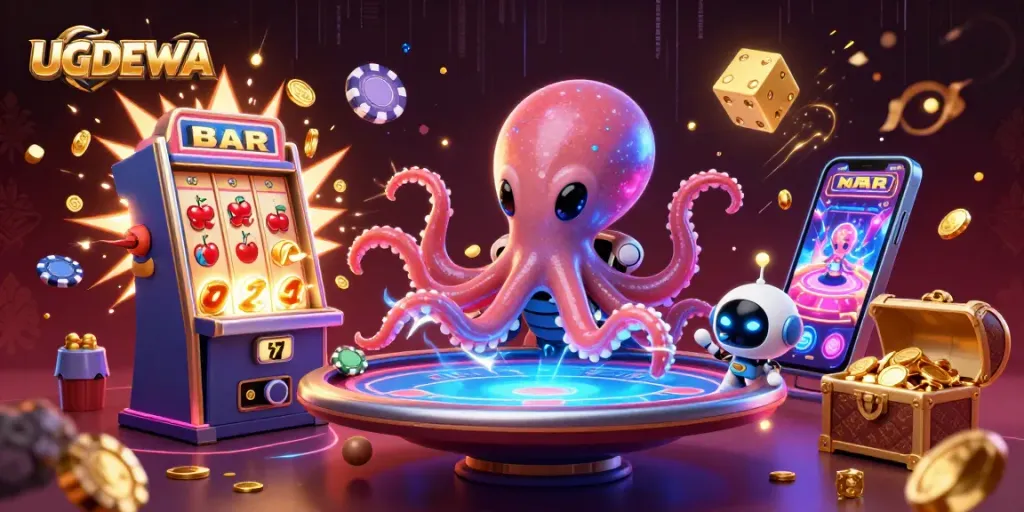 Experience thrilling gameplay with UGDEWA at a cosmic poker table led by an alien octopus.