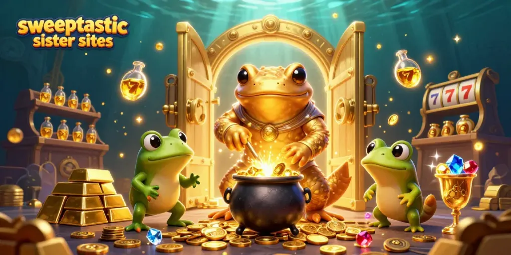 Sweeptastic sister sites showcase a dynamic scene of fortune with casino elements and gold treasures.