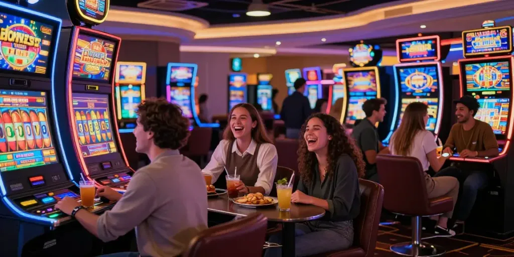 Friends enjoying slot machines in a vibrant casino atmosphere.