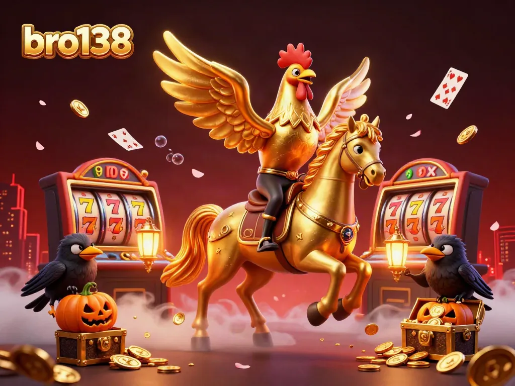 Experience the thrill of bro138 at a midnight casino with golden rooster characters surrounded by slot reels and swirling gold coins.