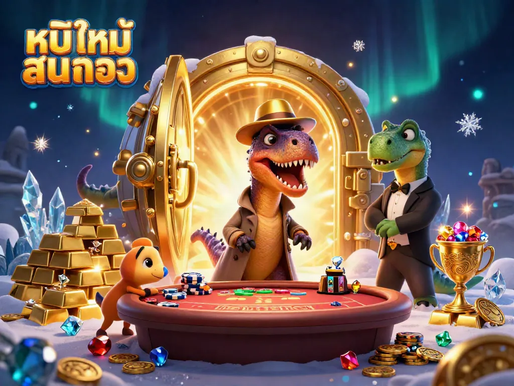 Engaging scene of a velociraptor card counter in a casino, highlighting หนังใหม่ชนโรง in a lively atmosphere.