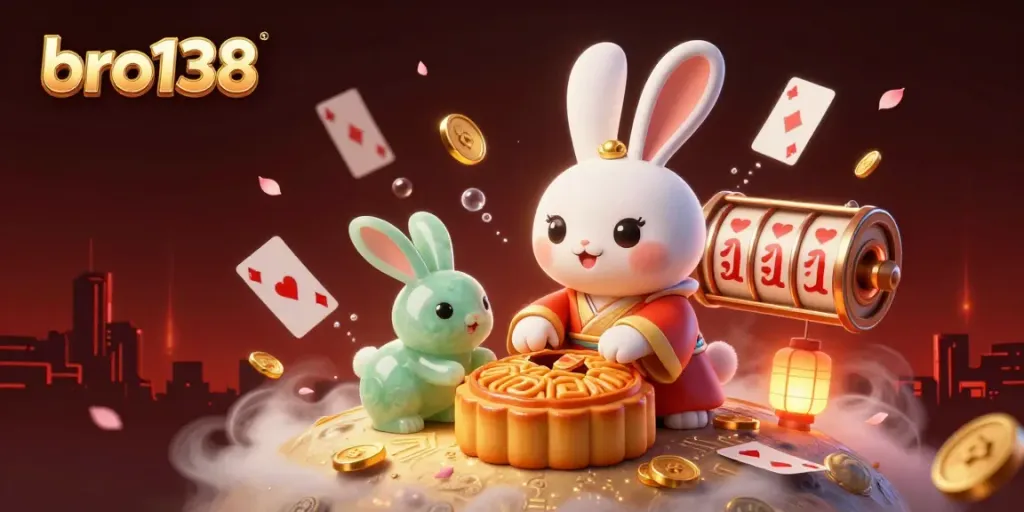 bro138 offers thrilling slot games with captivating visuals featuring a moon rabbit and poker chips