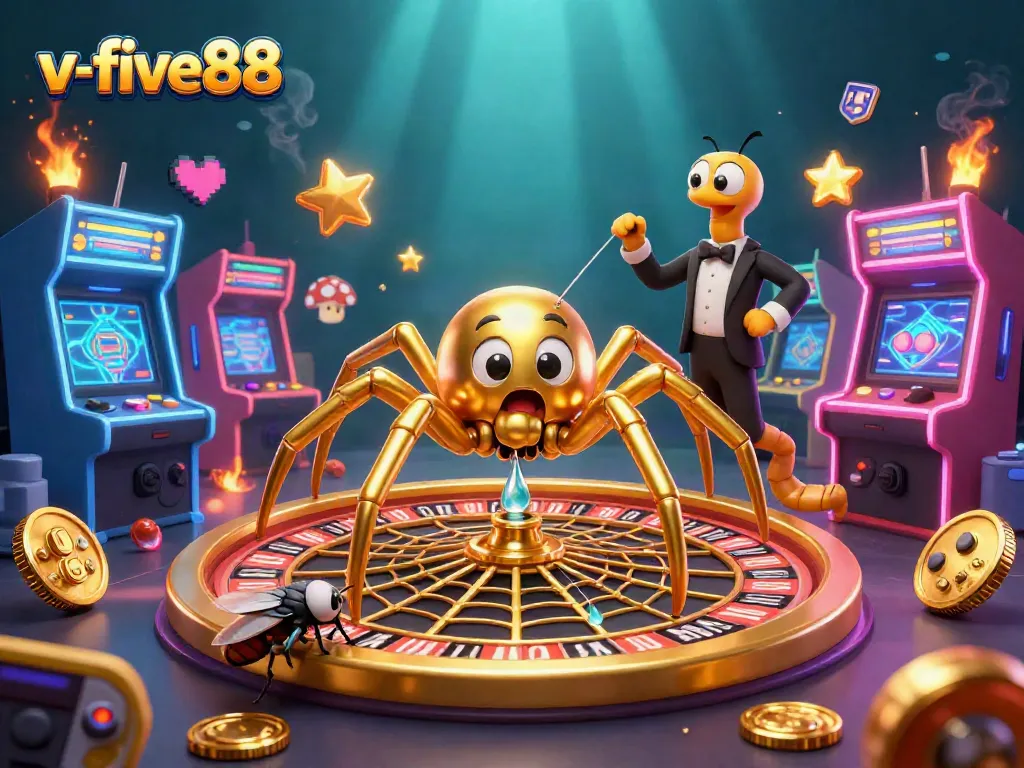 Engage in thrilling bets with v-five88's lively casino scene featuring a golden spider roulette wheel.