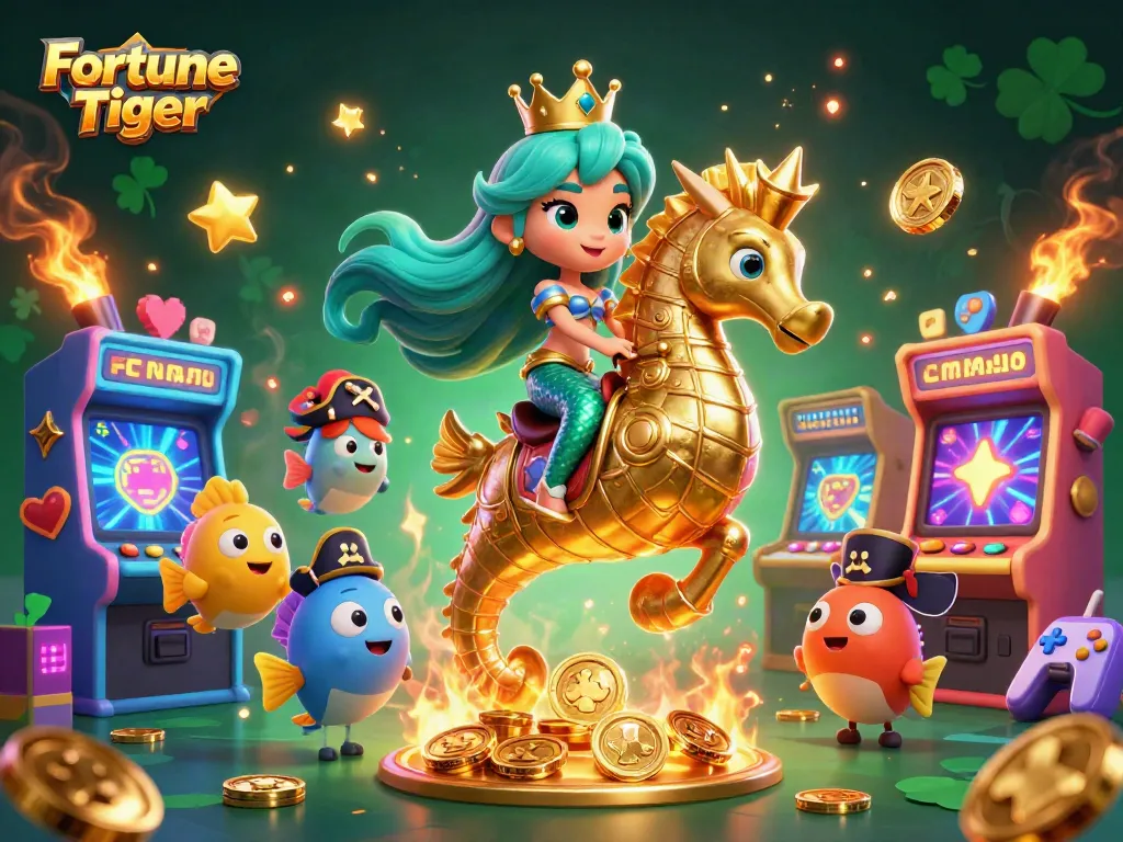 เกมสล็อต Fortune Tiger กำลังเล่นอยู่ในโลกแฟนตาซีพร้อมสัตว์ทะเลและอุปกรณ์เกม