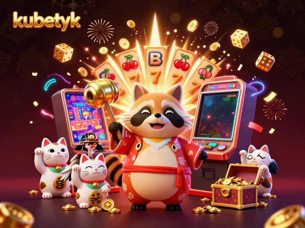 Experience the festive atmosphere of kubetyk with a joyful tanuki, jackpot slot machine, and lucky symbols.