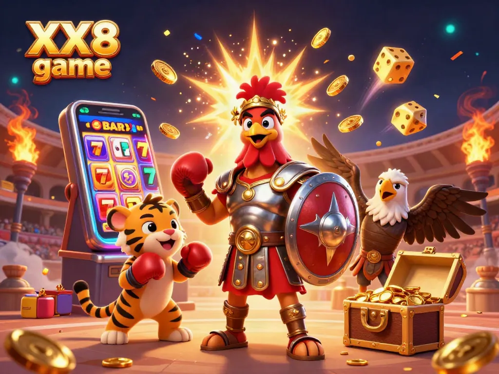 Win big with the exciting XX8 game, showcasing a gladiator rooster and sparkling slot machine.